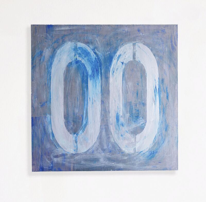 Abstract painting with two white oval shapes on a blue-grey background